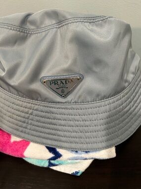 Prada Light Gray Re-Nylon Bucket Hat with Logo Plaque